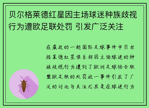 贝尔格莱德红星因主场球迷种族歧视行为遭欧足联处罚 引发广泛关注 贝尔格莱德红星因主场球迷种族歧视行为遭欧足联处罚 引发广泛关注