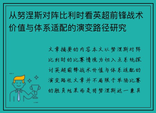 从努涅斯对阵比利时看英超前锋战术价值与体系适配的演变路径研究